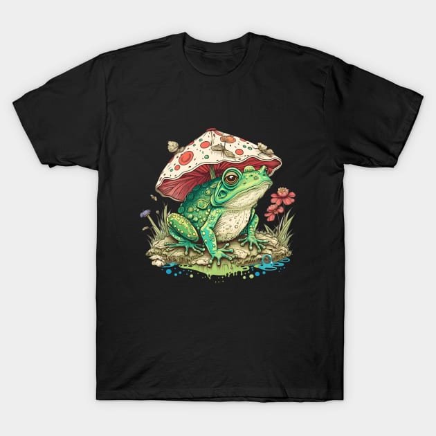 Cottagecore Aesthetic Frog under Mushroom Vintage T-Shirt by Ai Wanderer